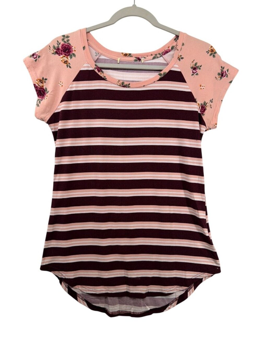 Ikeddi Womens Top Sz M Maroon/Peach Stretch Knit Striped Floral Boho Short Slv
